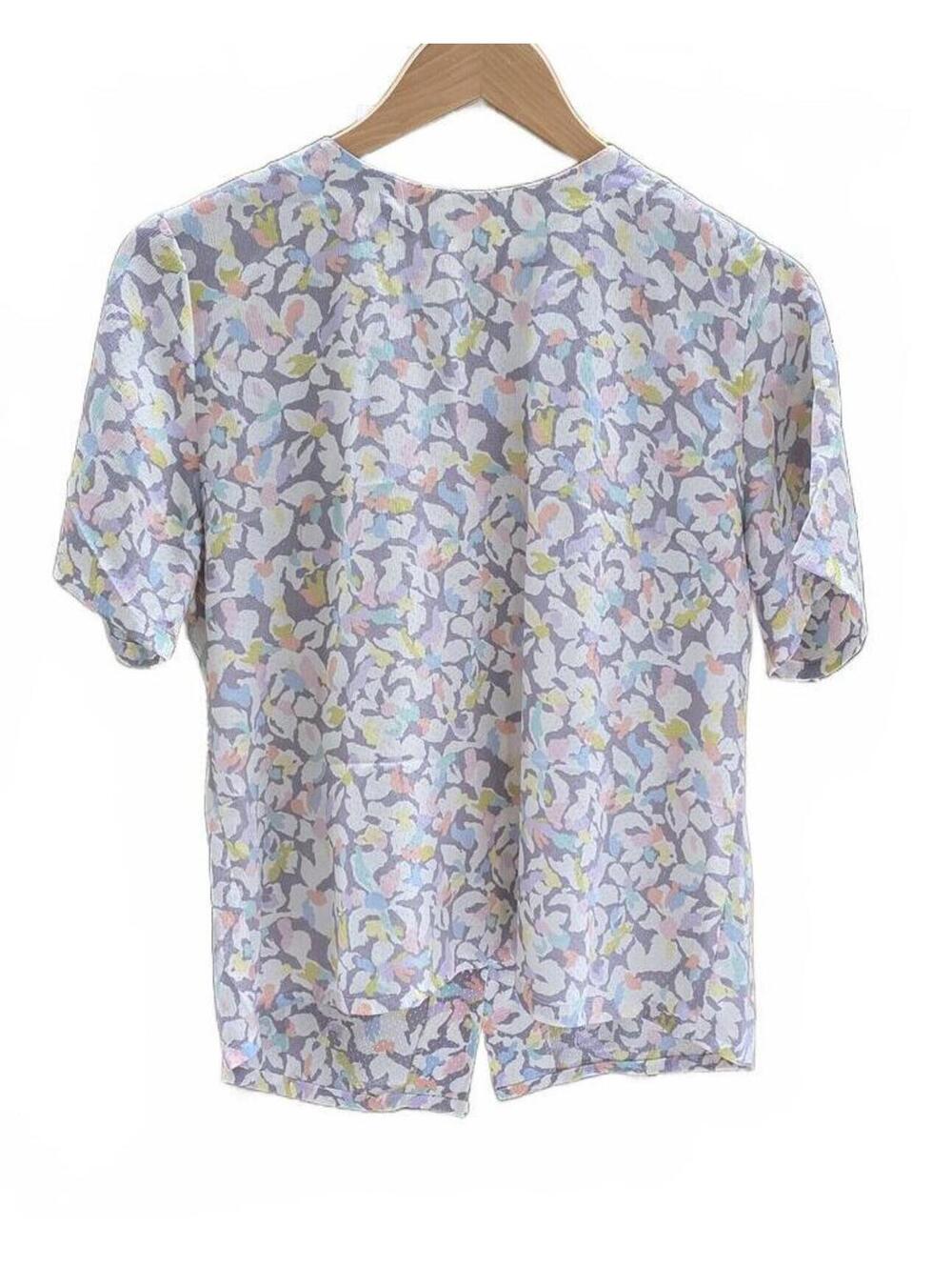 Nicola Delicate Silky Stylized Pastel Floral Back Button Shirt  2P Short Sleeve